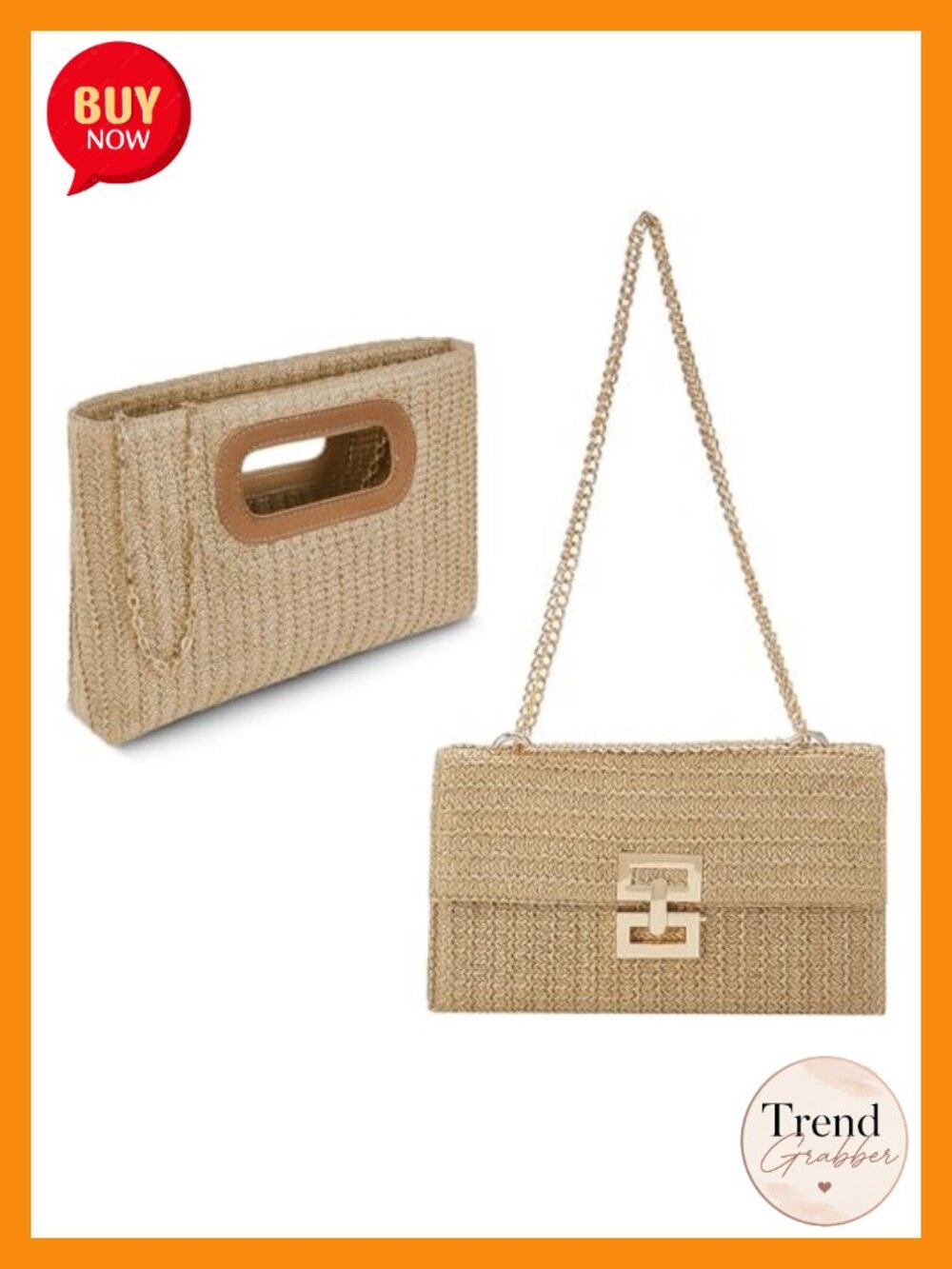 Woven Straw Purses with Metal Chain - Set of 2 Beach Bags for Women